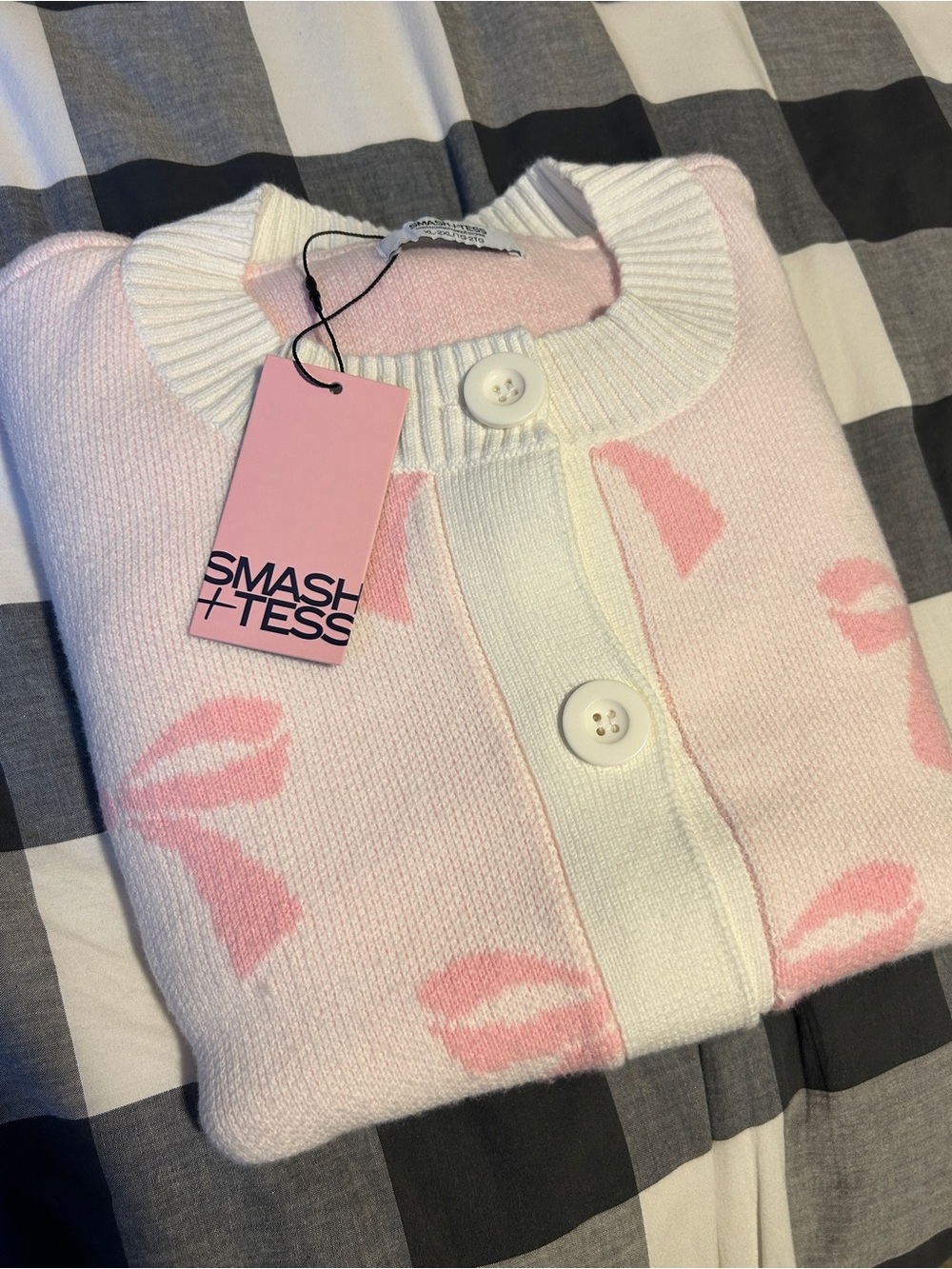 Smash + Tess Pink and White Bow-Print Cardigan XL/2XL